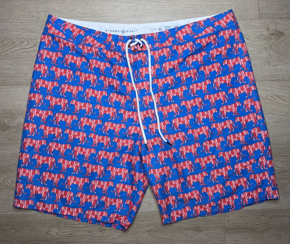 Strong Boalt Shorts Mens Blue Red Tiger Print Swim Trunks Size 40 Drawstring